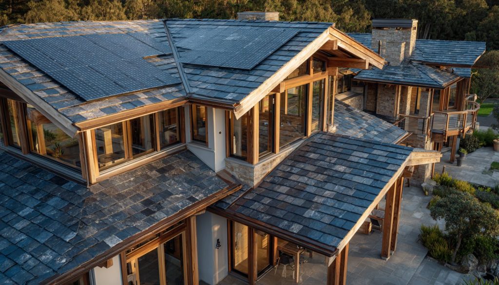 Solar tiles on the roof of a new home